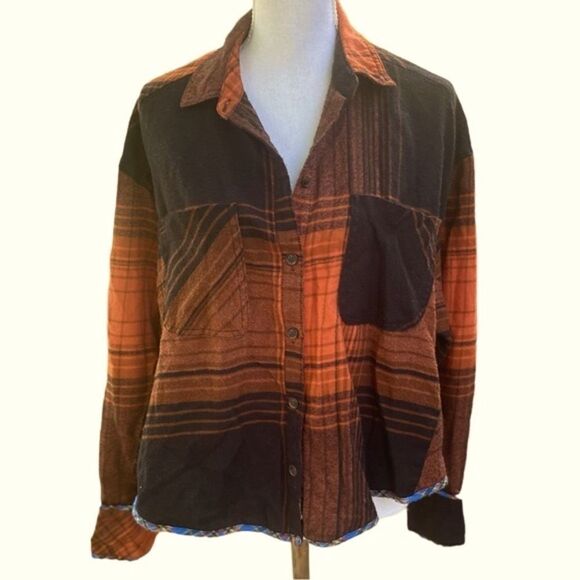 BDG Wm’s Sz Med Orange Karl Slouchy Contrasting Trim Flannel Button-Down Shirt - Picture 1 of 6